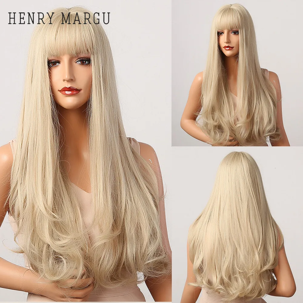 Promoción HENRY MARGU-Peluca de cabello sintético con flequillo para mujer, artificial de Ondulado Natural larga cabellera, color rubio platino, fiesta de Cosplay, fibra resistente al calor, Lolita 33mj6Bqy6Vl