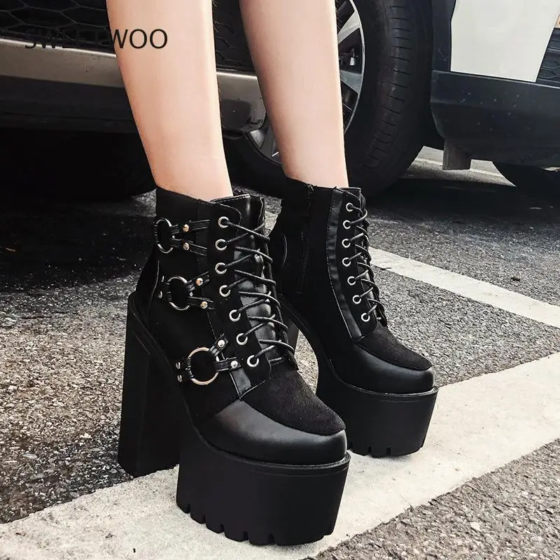 2021 Spring Fashion Motorcycle Boots Women Platform Heels Casual Shoes Lacing Round Toe Shoes Ladies Autumn Boots Black