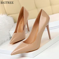 Autumn Patent Leather Concise Women's Shoes Pointed Toe Office High Heels Pumps Women Sexy Party Wedding Shoes Shallow Nude Red 1