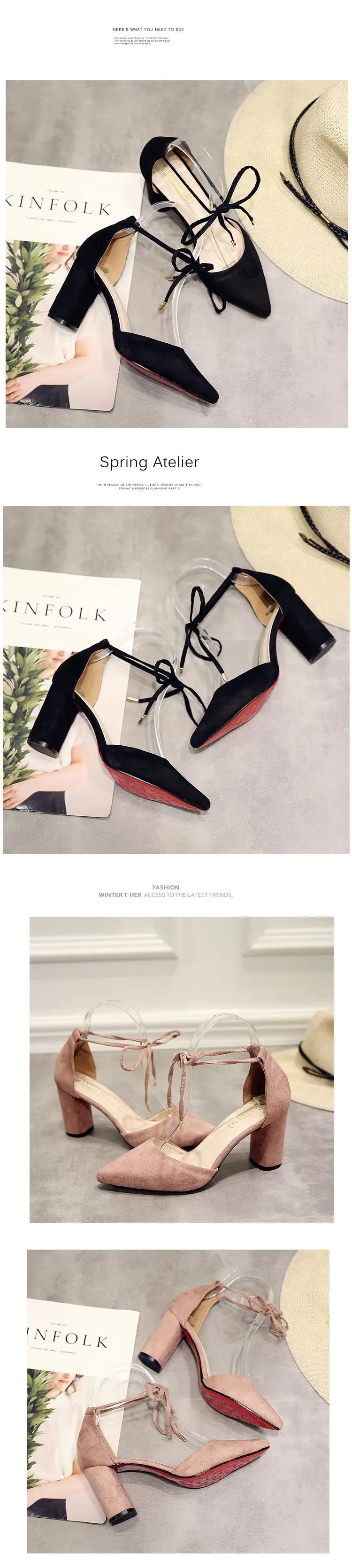 Г., новая весенняя обувь на высоком толстом каблуке из черной замши для работы Модные женские босоножки с острым носком в Корейском стиле