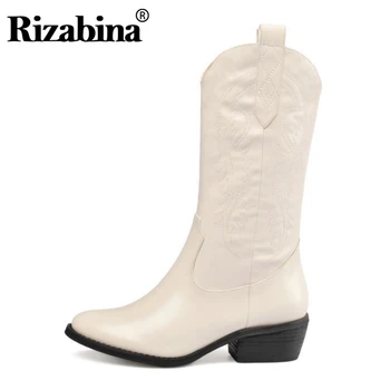 

RIZABINA Genuine Leather Women Mid Calf Boots Solid Color Slip On Thick Heels Shoes Autumn Winter Women Footwear Size 34-43