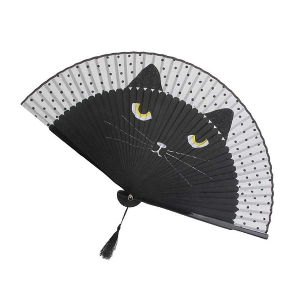 Vintage Acat Pattern Lightweight Tassel Dancing Folding Hand Fan Craft Gift Home Decor Chinese Ancient Style Retro