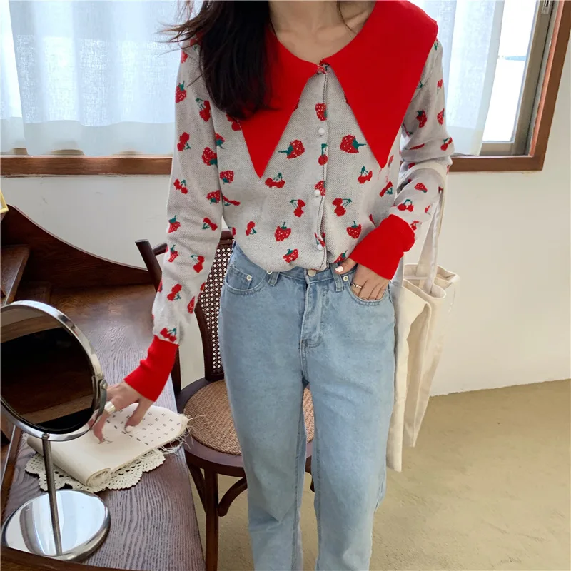 

GRUIICEEN autumn spring strawberry pattern knitted cardigans turn down collar women fashion sweater jacket casual GY2019200