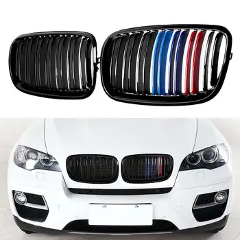 

New X5 X6 Gloss Black Double Line Car Front Bumper Kidney Grille Grills Replacement For BMW X5 X6 E70 E71 2007-2013 ABS M Style