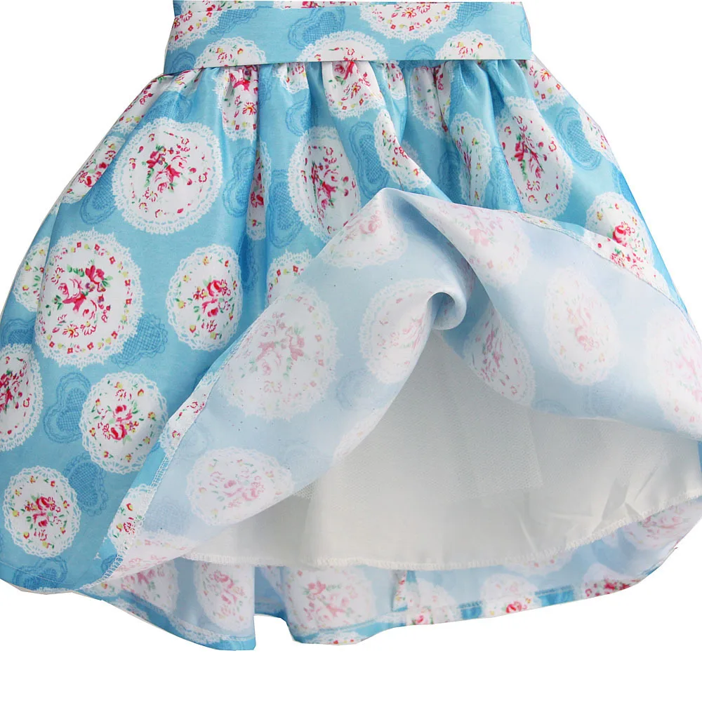 Zoeflower2019 New Style Garland Printed Girls Pure Cotton Short-sleeve Dress Puffy Princess Skirt Blue