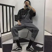 Весна и осень Ins тренд Ретро Ностальгический карман прямые джинсовые комбинезоны широкие брюки Мужские Молодежные серые Students