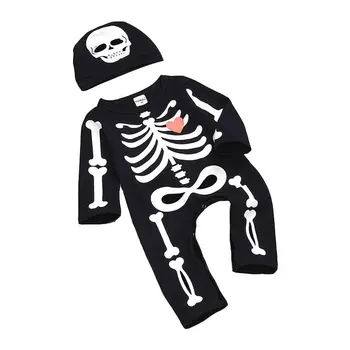 

New 0-24M 2pcs Newborn Halloween Rompers with Hat Baby Clothes Boy Girl Long Sleeve Black Cotton Skull Novelty Outfit B o