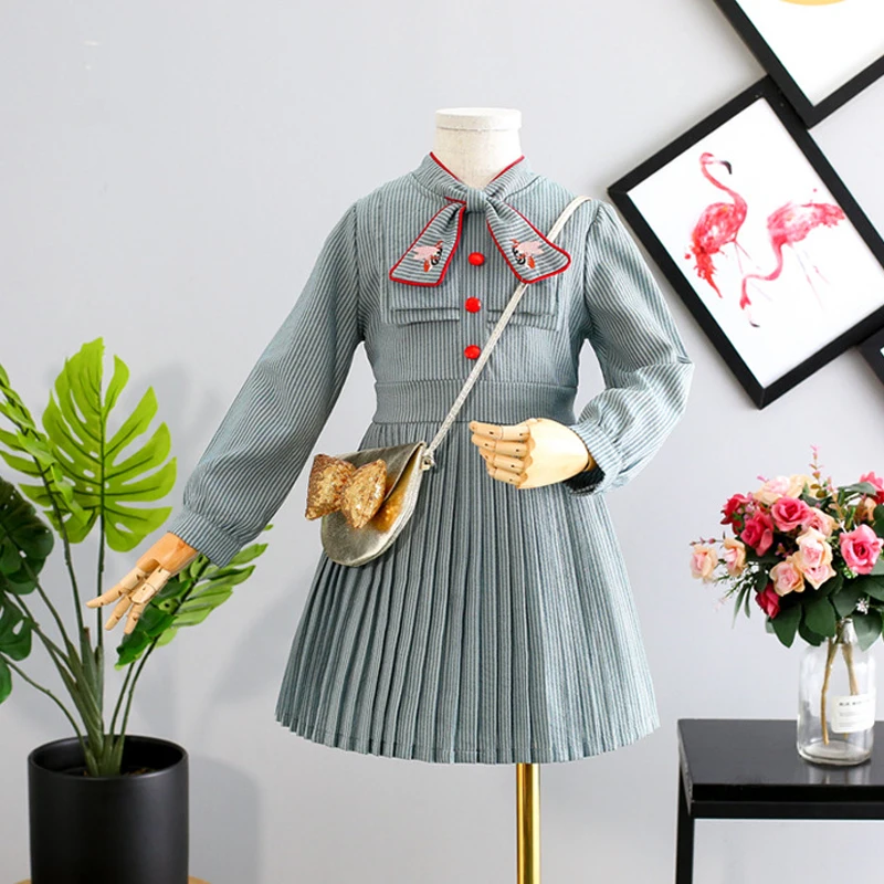Весенне-осеннее платье для девочек; Плиссированное Платье для малышей; детское винтажное платье; Брендовая детская одежда в полоску с вышивкой пчелы для детей 2-8 лет