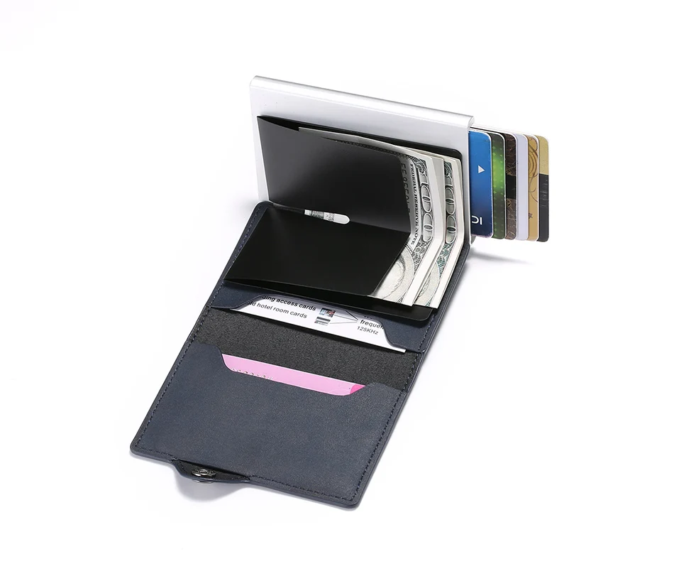 DIENQI, анти-Rfid, держатель для карт, высокое качество, металлический, ручной, пуш-ап, чехол для карт, держатель на застежке, сумка для денег, мужской держатель для карт, кожаный, Tarjetero