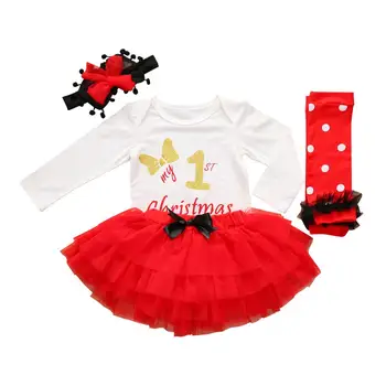 

4pcs Baby Girls Christmas Clothes Set Personality Print Round Collar Tops Tutu Skirt and Comfort Soft Headdress and Foot Bag