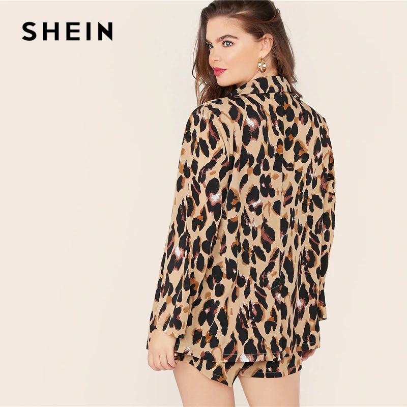 SHEIN плюс размер Леопардовый принт Нотч блейзер с воротником и шорты с поясом женский комплект 2 шт. осенний Повседневный гламурный комплект из двух предметов