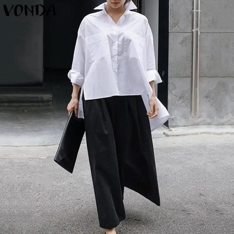 VONDA Asymmetrical Tunic Women Blouse Lapel Neck Shirts Party Tops 2019 Spring Summer Beach Tops Female Casual Blusa Plus Size - 4.00034E+12