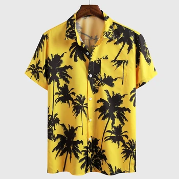Letnie koszule dla mężczyzn dorywczo żółty kokosowy przycisk wydruku koszula plażowa z krótkim rękawem luźny Top letnia koszula plażowa koszulka Homme tanie i dobre opinie Raise Trust CN (pochodzenie) POLIESTER Beach KOSZULE CODZIENNE SHORT Na co dzień summer Wykładany kołnierzyk Jednorzędowe