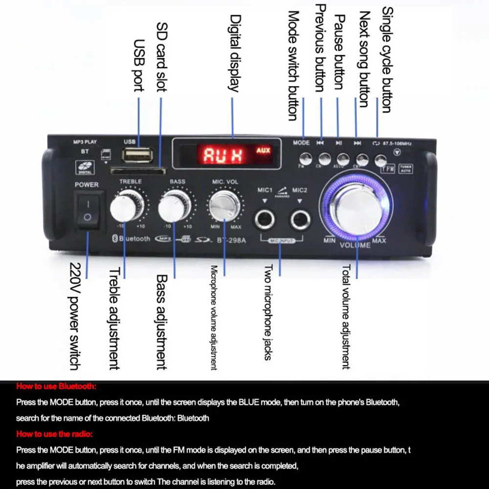 600W Speaker Amplifier HiFi Mini Amp 2CH FM Radio LCD Home Car