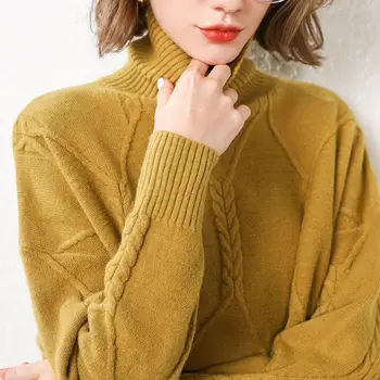 

Twist Knitted Thicken Women Asymmetric Sweater Winter Turtleneck Warm Solid Yellow Korean Oversized Ladies Pullovers Sweaters