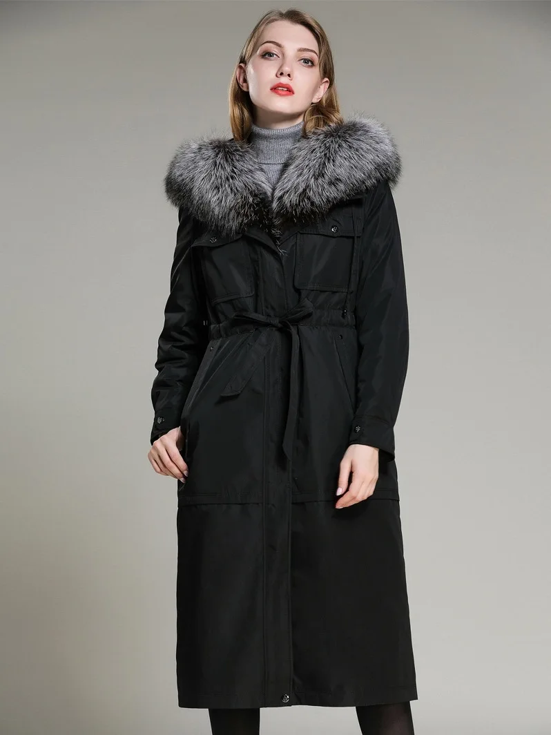 Женское пальто с натуральным мехом, зимняя теплая длинная парка, натуральный большой мех, с капюшоном, черное пальто, ropa chaqueta mujer размера плюс XXXL