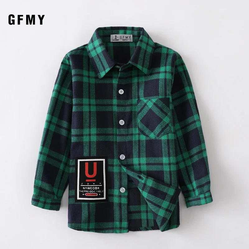 green lattice GFMY/ г. Осенняя хлопковая Модная рубашка в клетку с длинными рукавами для мальчиков От 2 до 14 лет повседневная одежда для больших детей может быть пальто - Цвет: green lattice