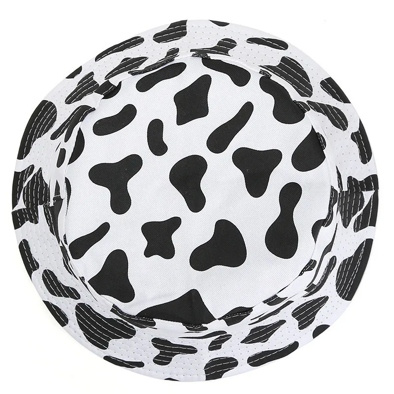 Women black white cow Fisherman Cap Alien Foldable Bucket Hat Beach Sun Party Street Headwear Panama Hat Harajuku