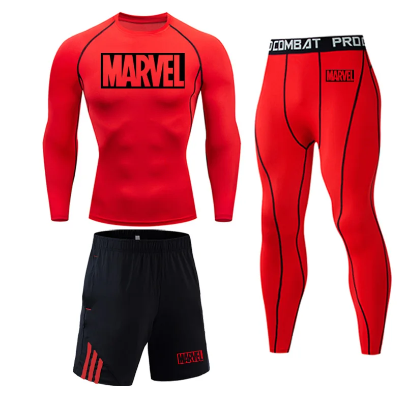 Мужская одежда для спортзала, компрессионный спортивный комплект, колготки Marvel, спортивный костюм для мужчин, зимний костюм для бега, термобелье, комплект из 3 предметов