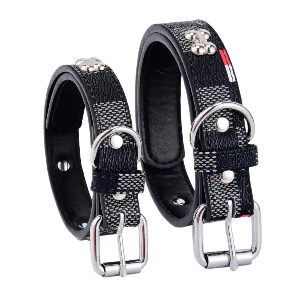 

Pet Collar with Bone Rivet PU Leather Dog Collar Durable Personalized Pet Collar for Dogs Cats Plaid Collar Pet Supplies