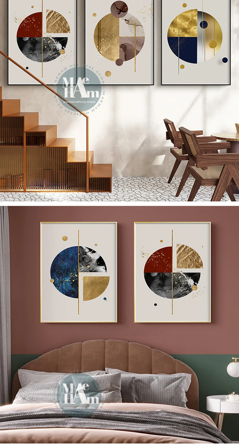 Geometric Abstract golden blue Canvas Print Paintings gold foil Poster Wall Art Pictures on Canvas Living Room Office Home Decor