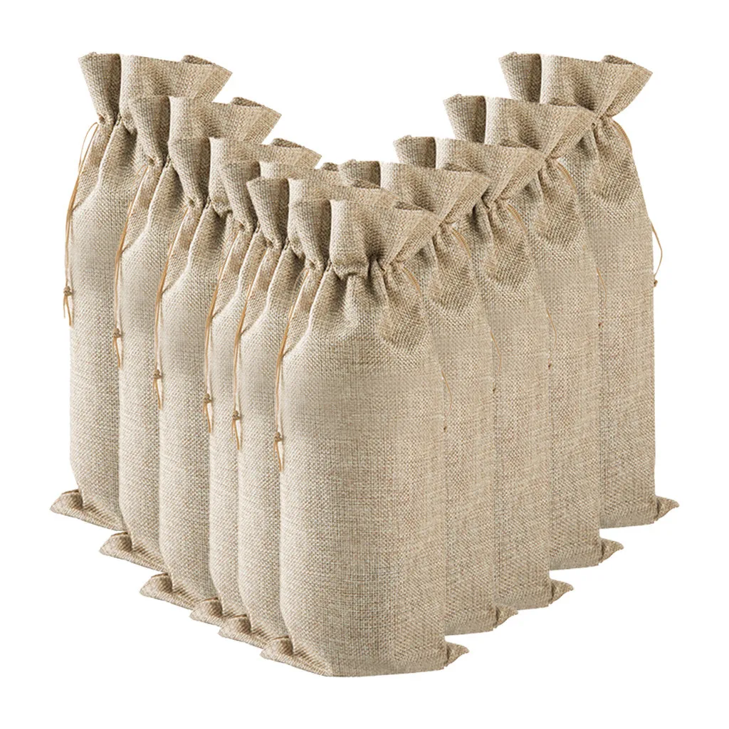 Khaki 10 шт льняные винные мешочки крышка бутылки вина подарочные пакеты для бутылки с кулиской рождественские украшения для дома год# EW - Цвет: Khaki