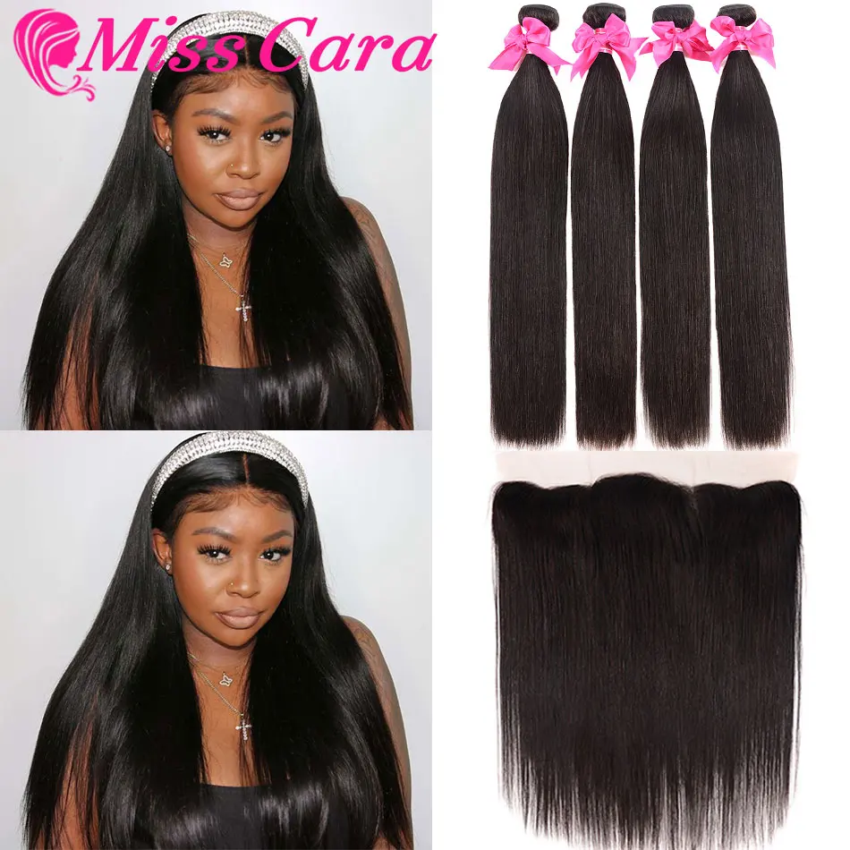 Перуанские прямые пряди волос с фронтальной Miss Cara 100% Remy человеческие волосы 3/4