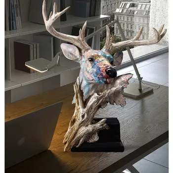 

ART DEER HEAD FAUX WOOD DECORATIVE FIGURINE RESIN PAINTING CRAFTS ANIMAL SCULPTURES LIVING ROOM DECORATION 41CM R196