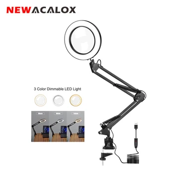 

NEWACALOX Magnifying Glass with LED Light Third Hand Soldering Tool Desk Clamp USB 5X Magnifier Welding/Reading 8W Table Lamp