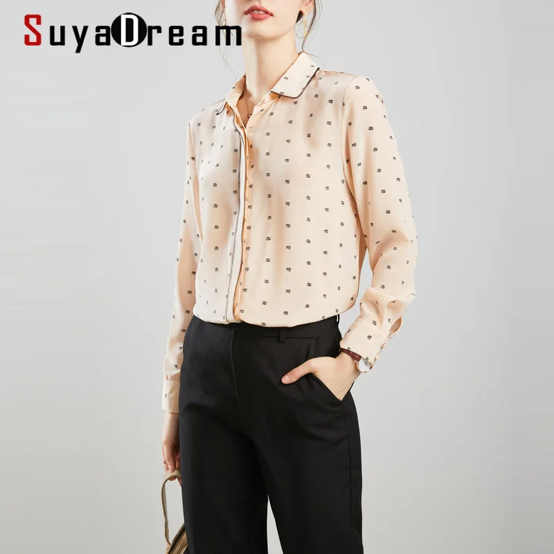 

SuyaDream Silk Blouse Woman 100%Silk Crepe Long Sleeves Elegant Printed Blouse Shirt 2020 Fall Office Chic Shirt