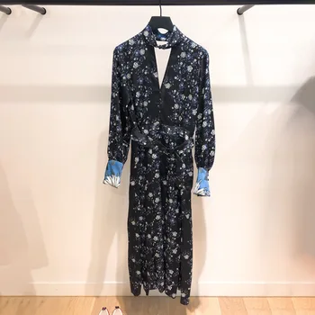 

Women Dress 2019 Spring and Summer New Elegant Printed Halter Button High Collar Deep V Lace Dress