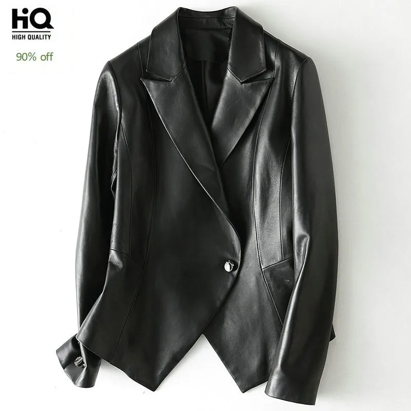 

Designer Sheepskin Blazer Ladies Suit Collar Single Button 100% Real Leather Coats Motocycle Short Jacket Women Chaqueta Mujer