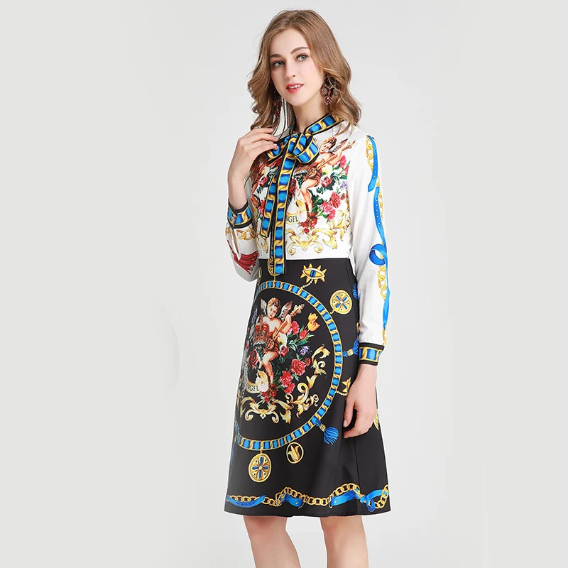 

Fashion Designer Women Autumn Dresses Bow Vintage Autumn Dress Angel Floral Printing Black Elegant Dress Party Office Dress