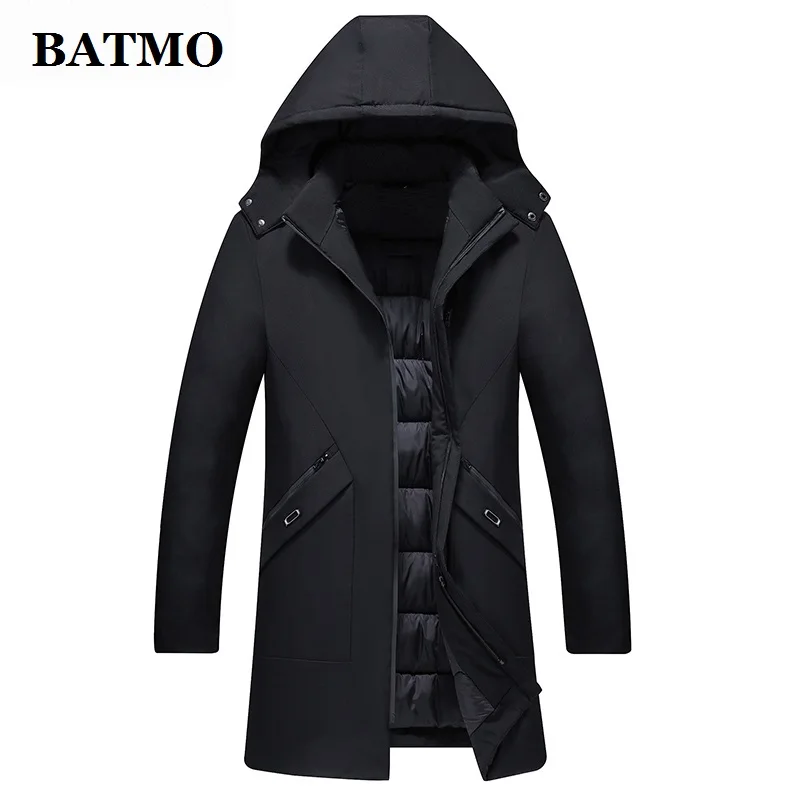 BATMO Новое поступление зимние высококачественные мужские парки с капюшоном, мужские зимние куртки с капюшоном HLF8801-1 - Цвет: Черный