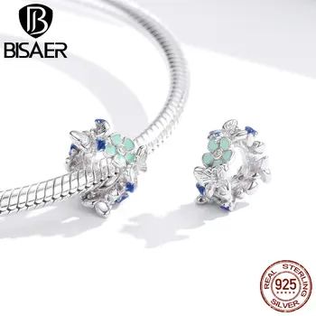 

BISAER Beads 925 Sterling Silver Blooming Flowers Blue Zircon Charms Fit DIY Bracelet Necklace Pendant Jewelry Gift HVC288