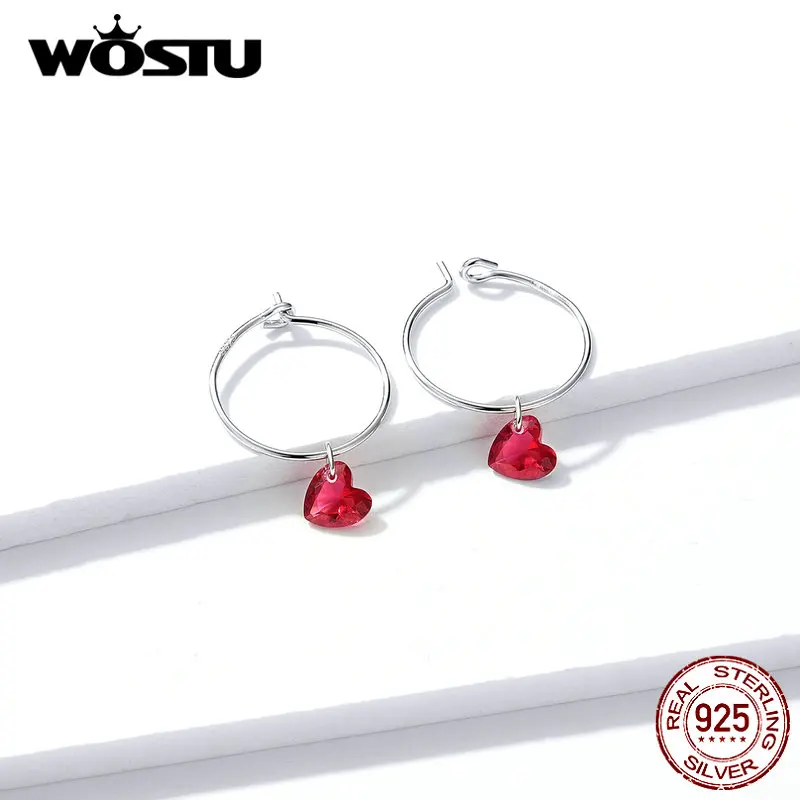 WOSTU,, настоящее 925 пробы, серебряные, красные серьги, модные, геометрические, для ушей, круг, красное стекло, сердце, серьги для женщин, FNE317