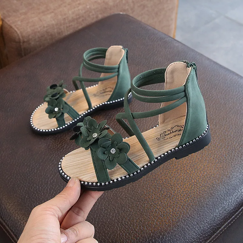 2020 New Fashion Flowers Rhinestone Leather Summer Childrens Big Kids Soft Bottom Girls Beach Shoes 4 5 6 7 8 9 10 11 12 Years