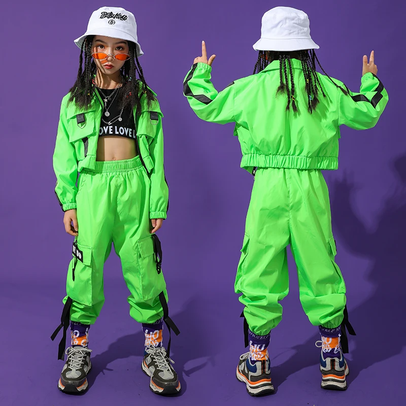 2020 Children Hip Hop Girls Clothes Green Tops Pants Performance Suit