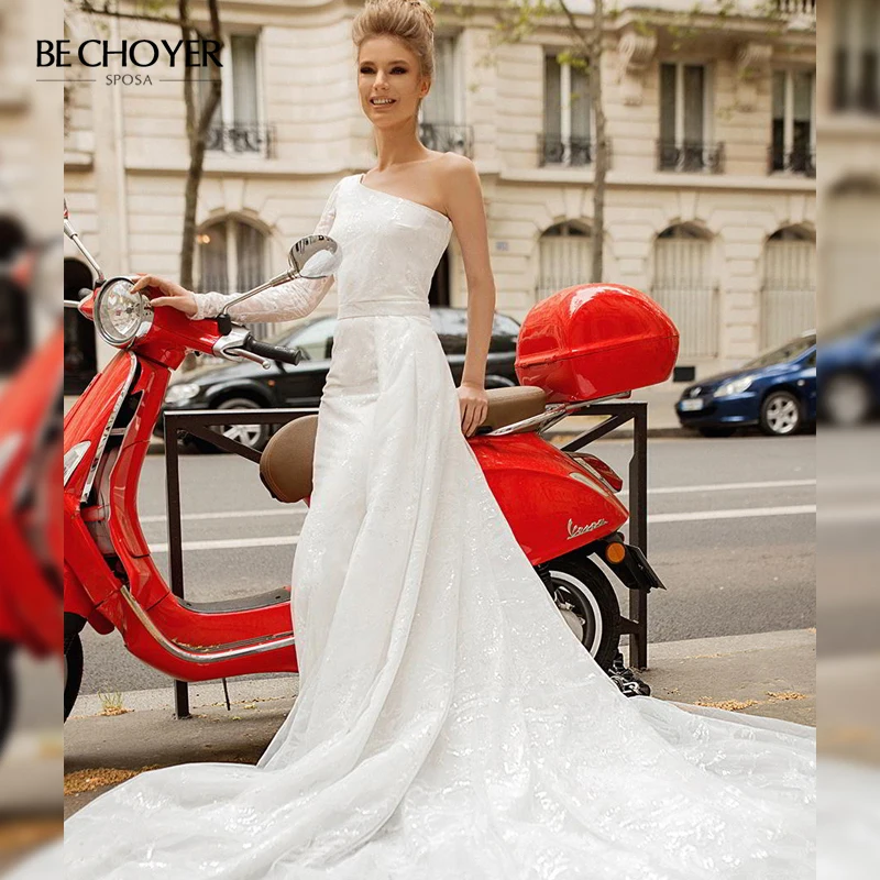 Vestido de Noiva простое свадебное платье с длинным рукавом модное блестками на одно