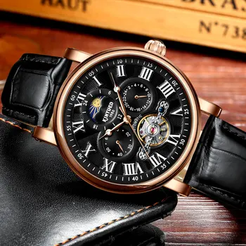 

KINYUED New automatic mechanical watch men tourbillon steel male multi-function waterproof watches rose gold case leather strap