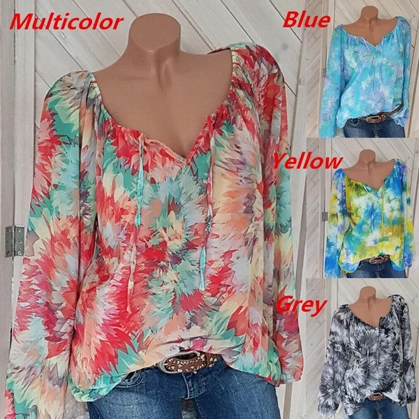 Женский топ размера плюс, Boho, 5XL, верх размера, женские блузки, повседневные, пляжные, с длинным рукавом, v-образный вырез, свободные рубашки, винтажный принт, летние блузы