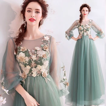 

Elegant Green Party Evening Gown A-Line Boat Neck Appliques Flowers Pattern Tulle Evening Dresses Long Robe De Soiree