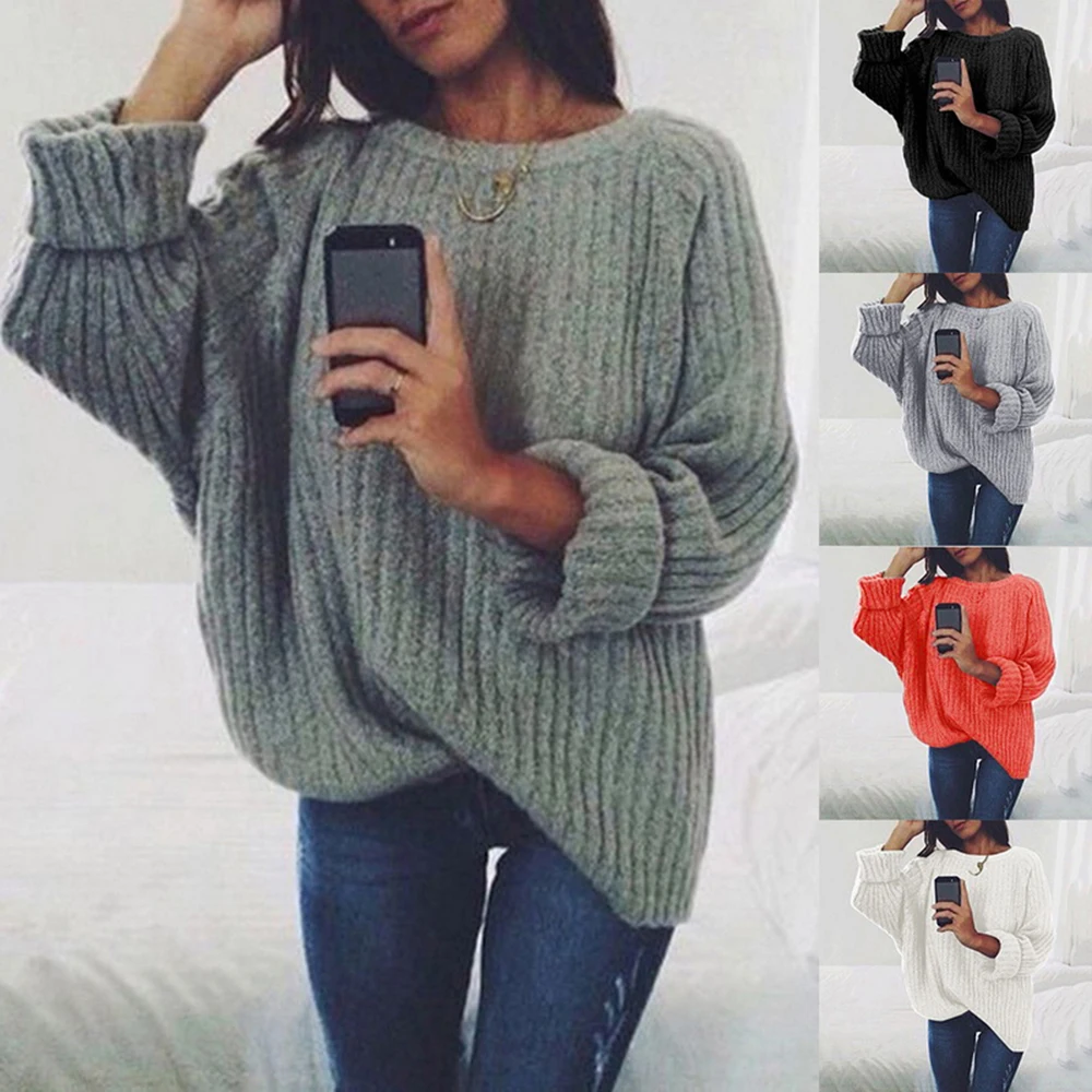 OEAK женский однотонный вязаный свитер с круглым вырезом осень зима модный женский пуловер Свитера Женская свободная вязаная одежда Прямая поставка