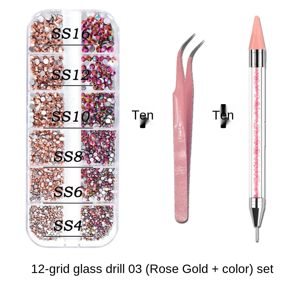 1Box Multi Size Glass Nail Rhinestones Mixed Colors Flat-back AB Crystal With tools 3D Charm Gems  Manicure Nail Art Decorations