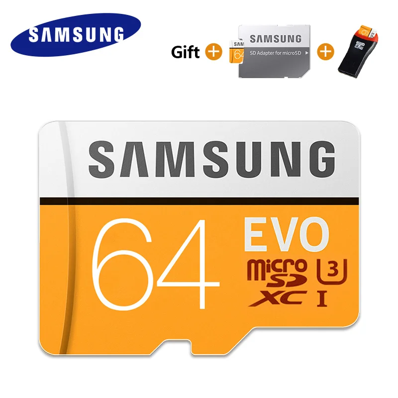 Карта памяти SAMSUNG, micro sd, 32 ГБ, 64 ГБ, 128 ГБ, 256 ГБ, 512 ГБ, EVO Plus, класс 10, водонепроницаемая, TF Память, sim-карта+ адаптер, кардридер - Емкость: 64GB yellow