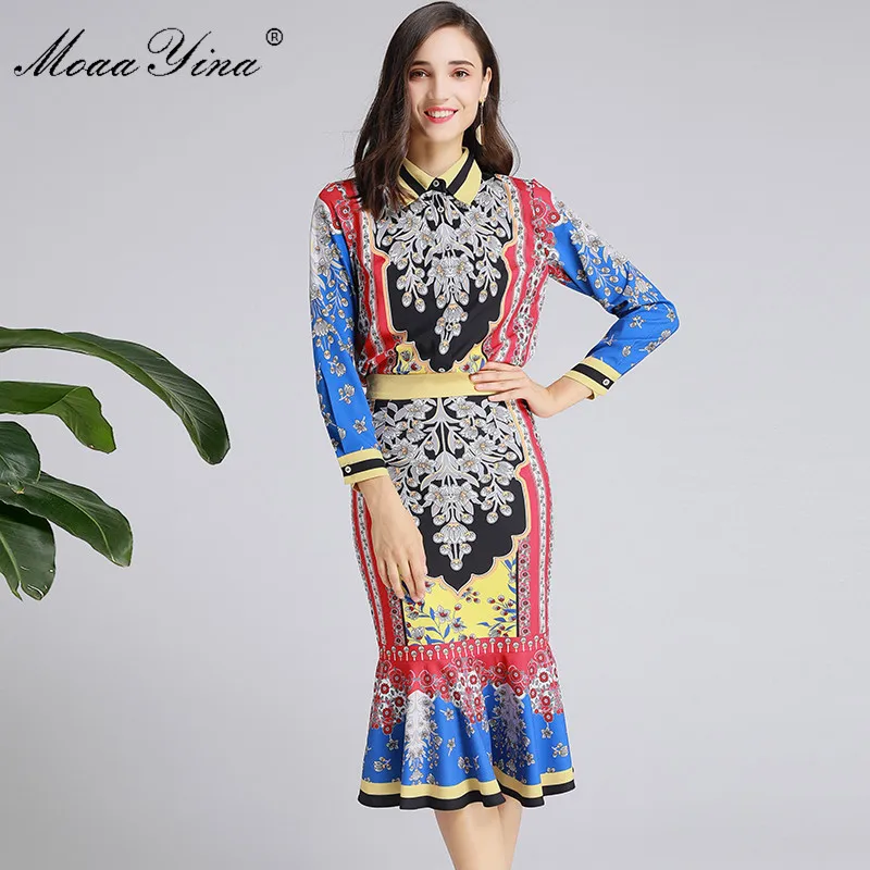 MoaaYina Fashion Designer Suit Spring Autumn Women Long sleeve Shirt Tops+Package buttocks Mermaid skirt Two-piece set | Женская одежда