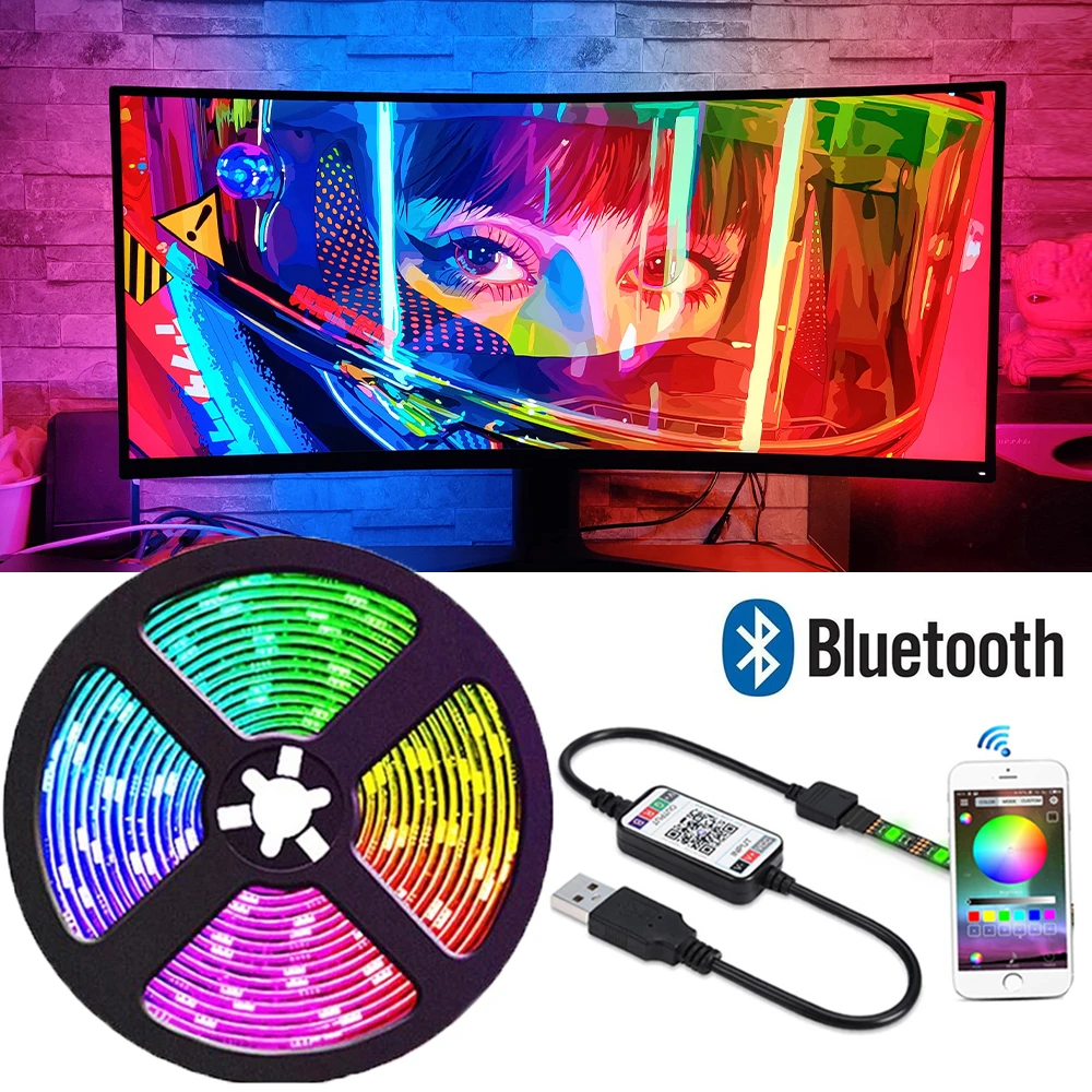 

Светодиодная лента RGB 5050, управление через приложение по Bluetooth, подсветка для телевизора, 5 В, USB, Bluetooth, RGB-лента для украшения фона телевизора