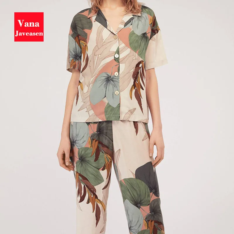 

Vana Javeasen Casual Turn-Down Collar Women Pajamas Sets Short Sleeve Cropped Trousers Womens Sleepwear Home Female Nightwear