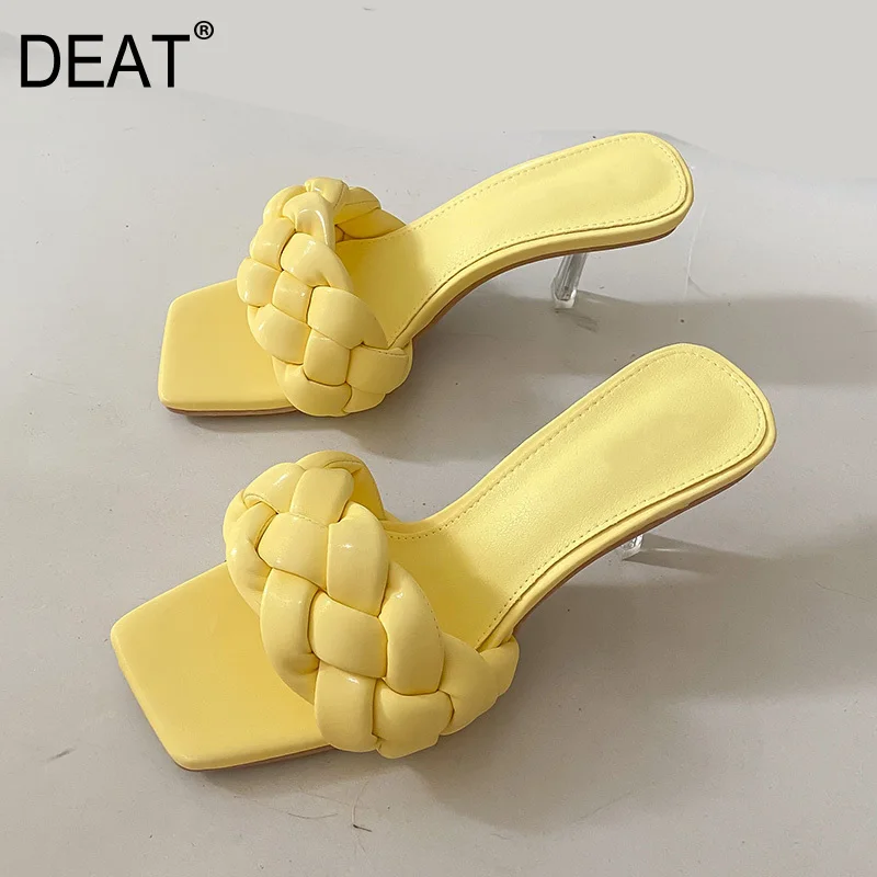 [DEAT] 2020 New Spring Summer Square Toe Shallow Plaid Braid Crystal Transparent Heels Slippers Women Shoes Fashion Tide 10H752 | Обувь