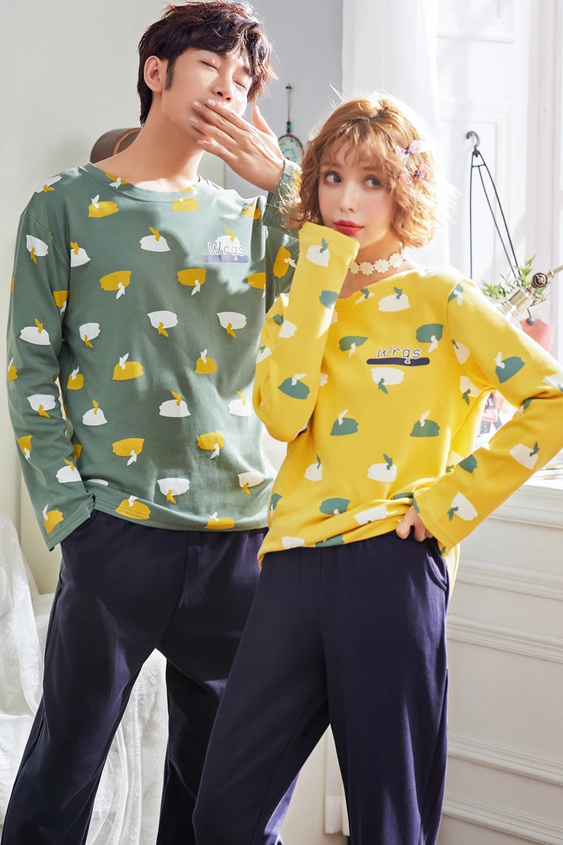 Высококачественные пижамные комплекты из хлопка, осенне-Весенняя пижама с принтом, парные мужские пижамы с длинными рукавами, женская пижама с круглым вырезом M-3XL